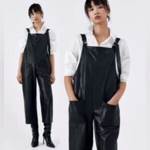 Zara Black Leather Look Overalls - New